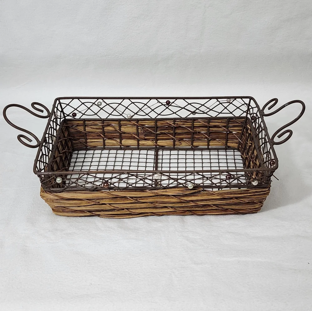 Rustic Rectangular‎ Woven Wicker Basket With Wire Handles and Frame